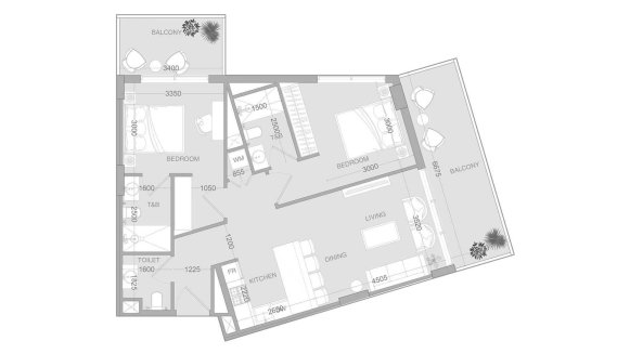 Apartment floor plan, 2 bedrooms in Ir1dian Park 2 No. 11013 (2D)