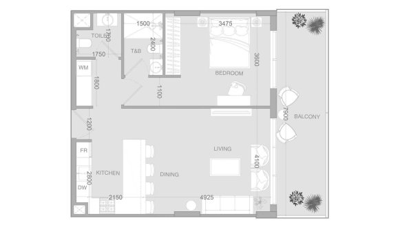 Apartment floor plan, 1 bedroom in Ir1dian Park 2 No. 11010 (2D)