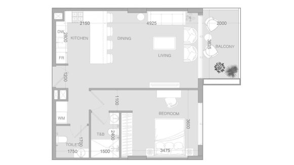 Apartment floor plan, 1 bedroom in Ir1dian Park 2 No. 11011 (2D)