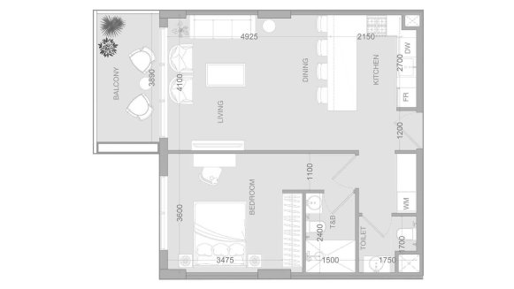 Apartment floor plan, 1 bedroom in Ir1dian Park 2 No. 11008 (2D)